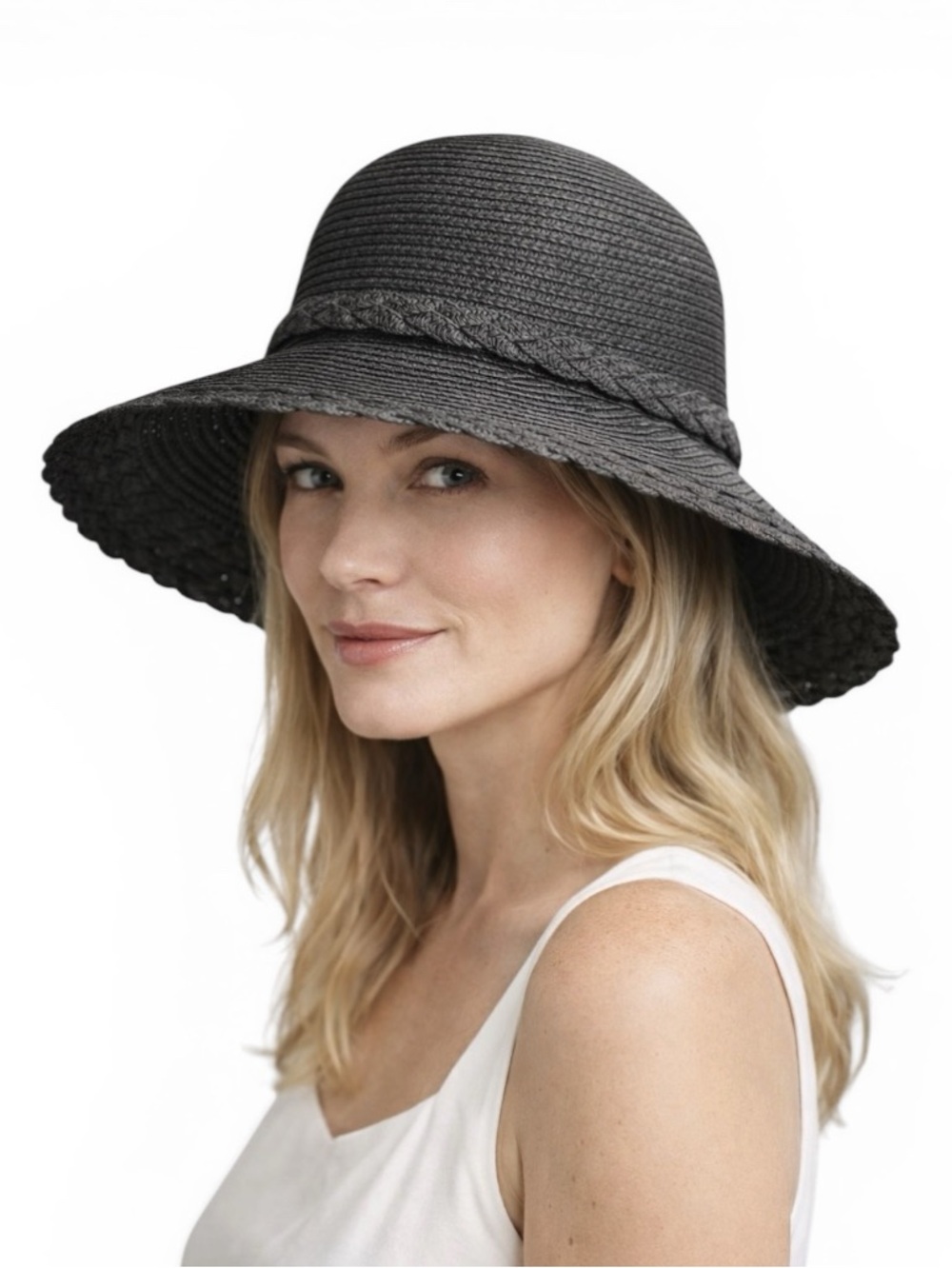 Nicole Marciano Black Woven Wide-Brim Braided Trim Sun Hat Cloche One Size